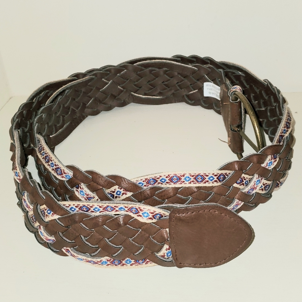 Vintage Brown Vegan Braided Belt Woven Faux Leather Embroidered Trim Hippie 2" W - Picture 2 of 9